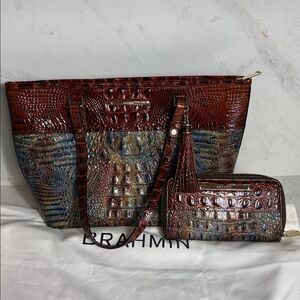 BRAHMIN CEDAR LIVINGSTON Medium Asher Tote & Suri Wallet Croc-Embossed Set
